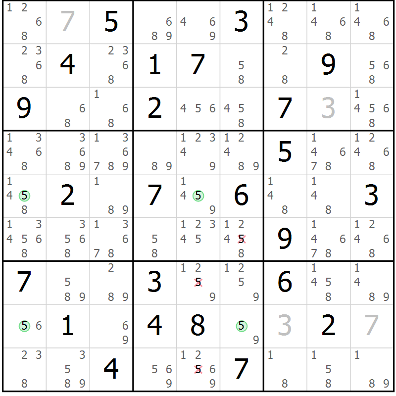 Position des candidats pour la solution de la Gr 33 page 36 du magazine de sudoku Suprême n° 033