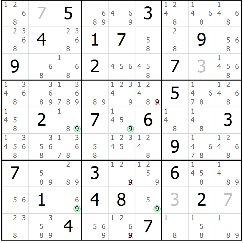 Position des candidats pour la solution de la Gr 33 page 36 du magazine de sudoku Suprême n° 033