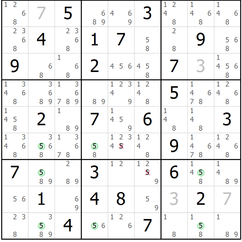 Position des candidats pour la solution de la Gr 33 page 36 du magazine de sudoku Suprême n° 033