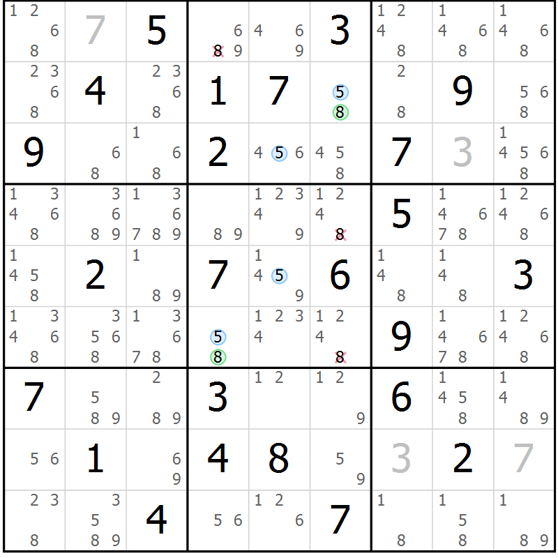 Position des candidats pour la solution de la Gr 33 page 36 du magazine de sudoku Suprême n° 033