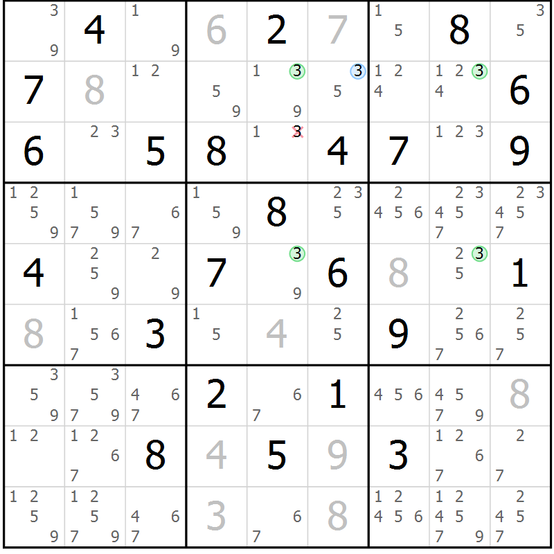 Position des candidats pour la solution de la Gr 35 page 38 du magazine de sudoku Suprême n° 033