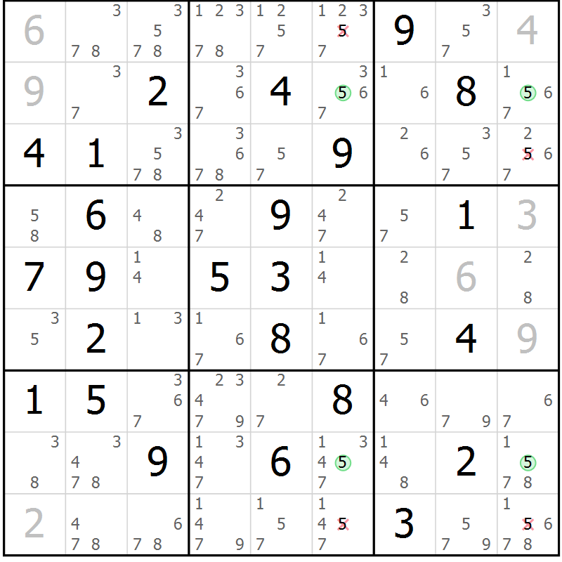 Position des candidats pour la solution de la Gr 36 page 39 du magazine de sudoku Suprême n° 033