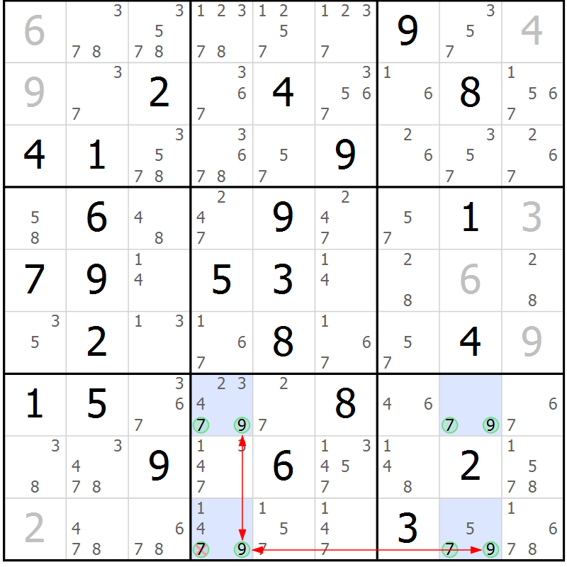 Position des candidats pour la solution de la Gr 36 page 39 du magazine de sudoku Suprême n° 033