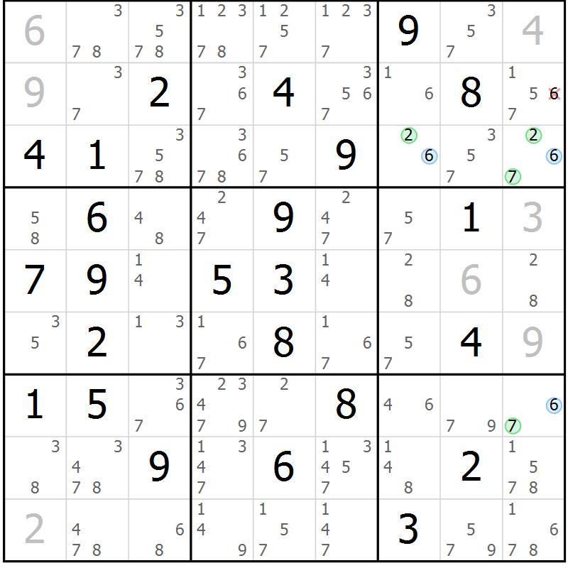 Position des candidats pour la solution de la Gr 36 page 39 du magazine de sudoku Suprême n° 033
