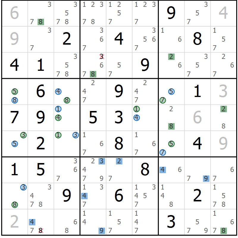 Position des candidats pour la solution de la Gr 36 page 39 du magazine de sudoku Suprême n° 033