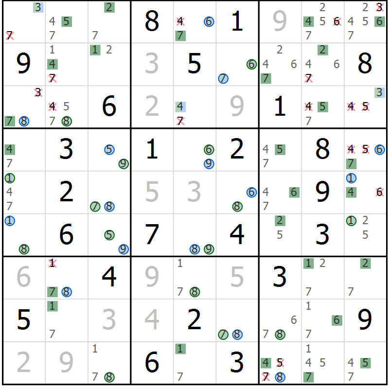 Position des candidats pour la solution de la Gr 39 page 42 du magazine de sudoku Suprême n° 033