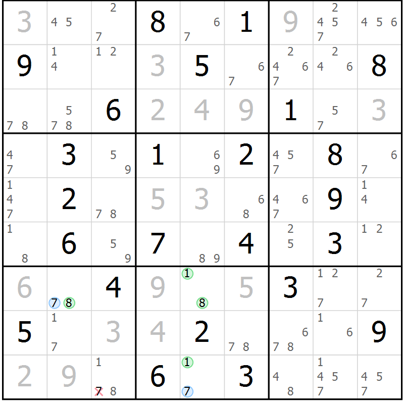 Position des candidats pour la solution de la Gr 39 page 42 du magazine de sudoku Suprême n° 033