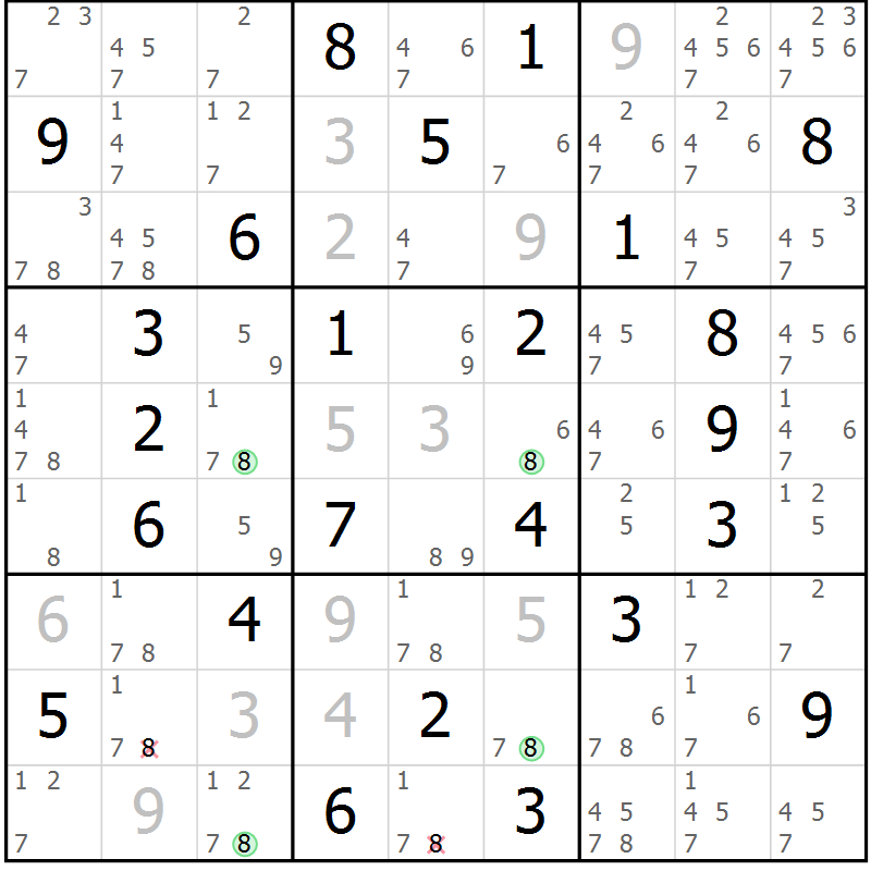 Position des candidats pour la solution de la Gr 39 page 42 du magazine de sudoku Suprême n° 033