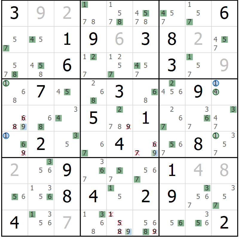 Position des candidats pour la solution de la Gr 40 page 43 du magazine de sudoku Suprême n° 033