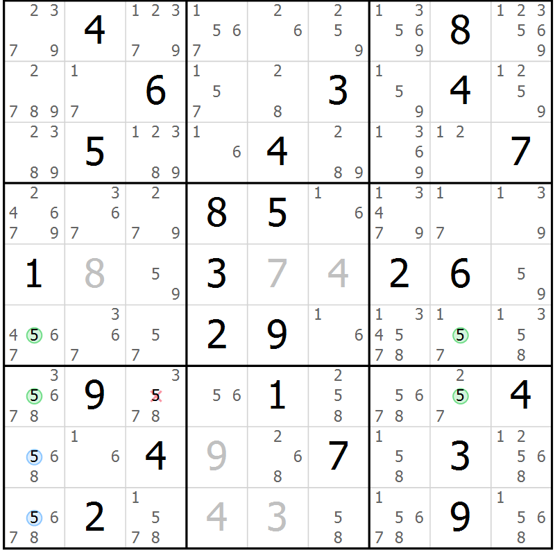 Position des candidats pour la solution de la Gr 43 page 46 du magazine de sudoku Suprême n° 033