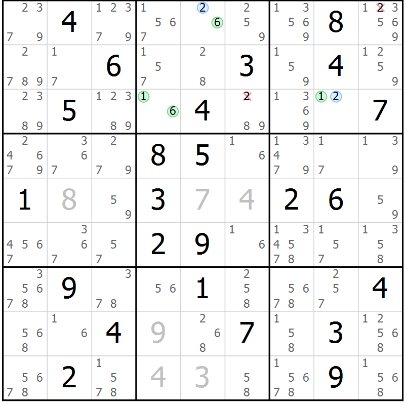 Position des candidats pour la solution de la Gr 43 page 46 du magazine de sudoku Suprême n° 033