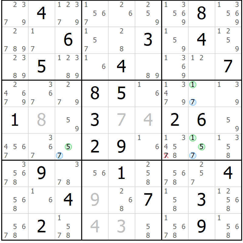 Position des candidats pour la solution de la Gr 43 page 46 du magazine de sudoku Suprême n° 033