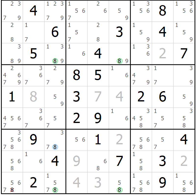 Position des candidats pour la solution de la Gr 43 page 46 du magazine de sudoku Suprême n° 033