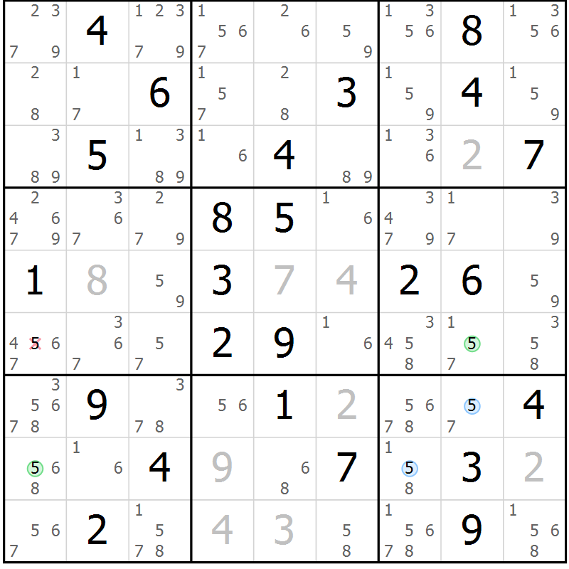 Position des candidats pour la solution de la Gr 43 page 46 du magazine de sudoku Suprême n° 033