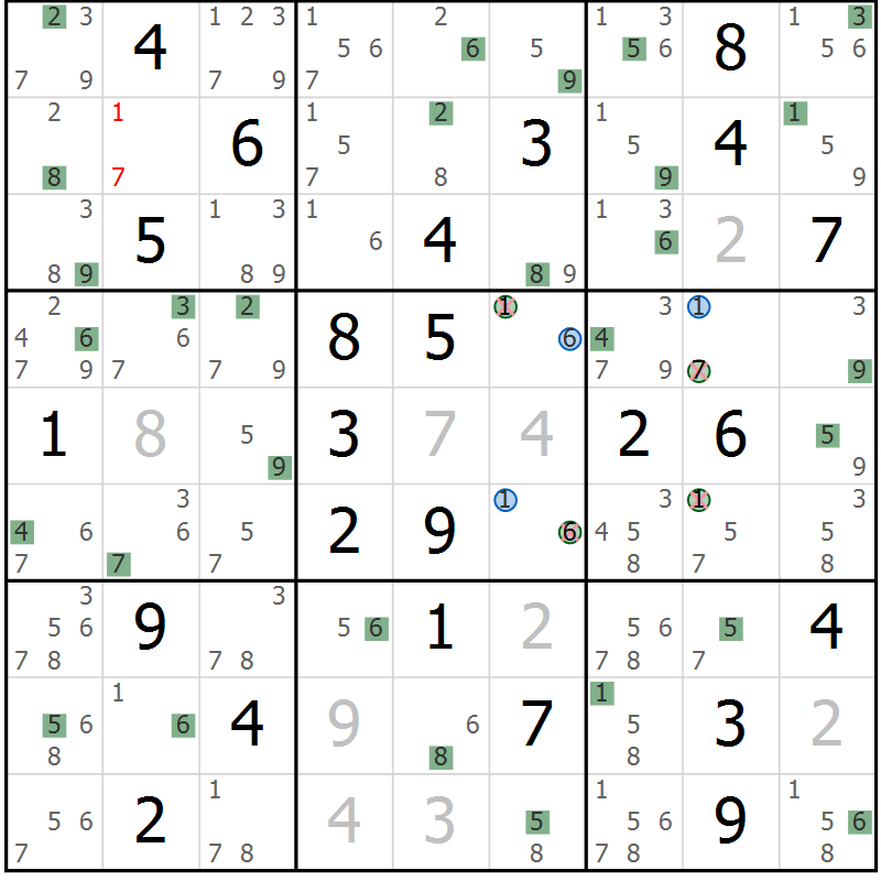 Position des candidats pour la solution de la Gr 43 page 46 du magazine de sudoku Suprême n° 033