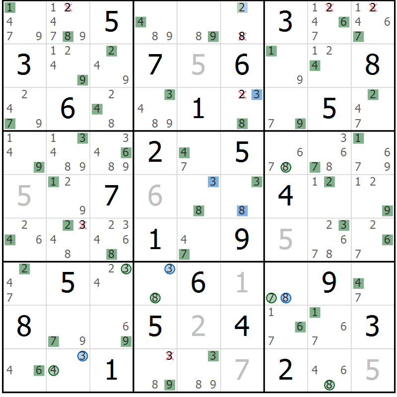 Position des candidats pour la solution de la Gr 44 page 47 du magazine de sudoku Suprême n° 033
