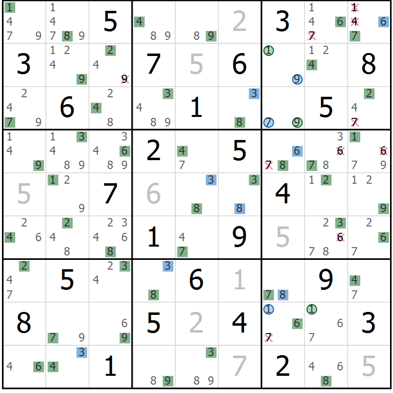 Position des candidats pour la solution de la Gr 44 page 47 du magazine de sudoku Suprême n° 033