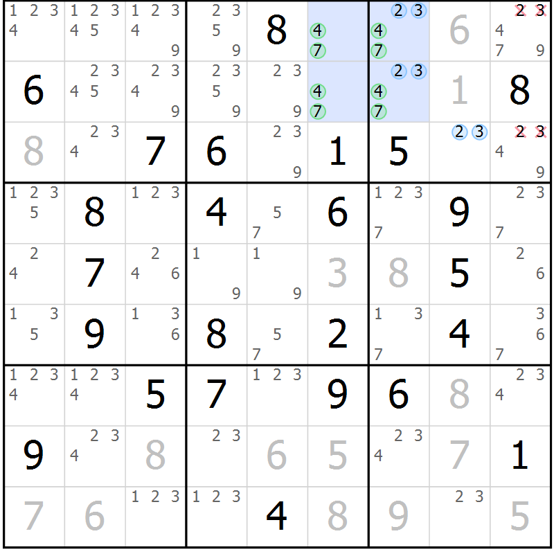 Position des candidats pour la solution de la Gr 45 page 48 du magazine de sudoku Suprême n° 033
