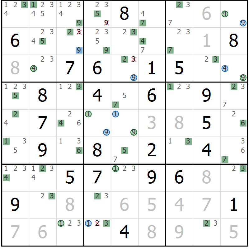 Position des candidats pour la solution de la Gr 45 page 48 du magazine de sudoku Suprême n° 033
