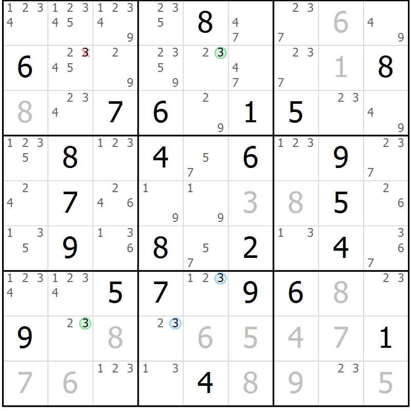 Position des candidats pour la solution de la Gr 45 page 48 du magazine de sudoku Suprême n° 033