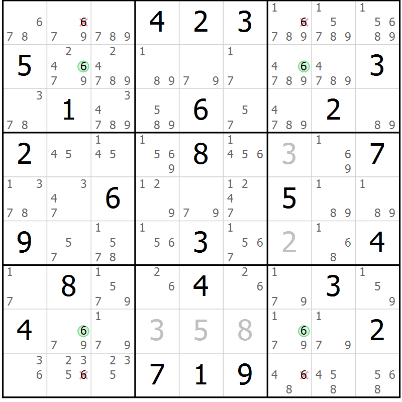 Position des candidats pour la solution de la Gr 46 page 49 du magazine de sudoku Suprême n° 033