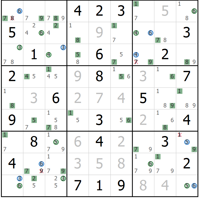 Position des candidats pour la solution de la Gr 46 page 49 du magazine de sudoku Suprême n° 033