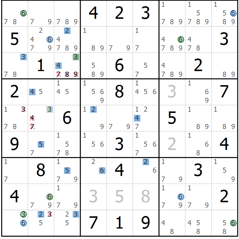 Position des candidats pour la solution de la Gr 46 page 49 du magazine de sudoku Suprême n° 033