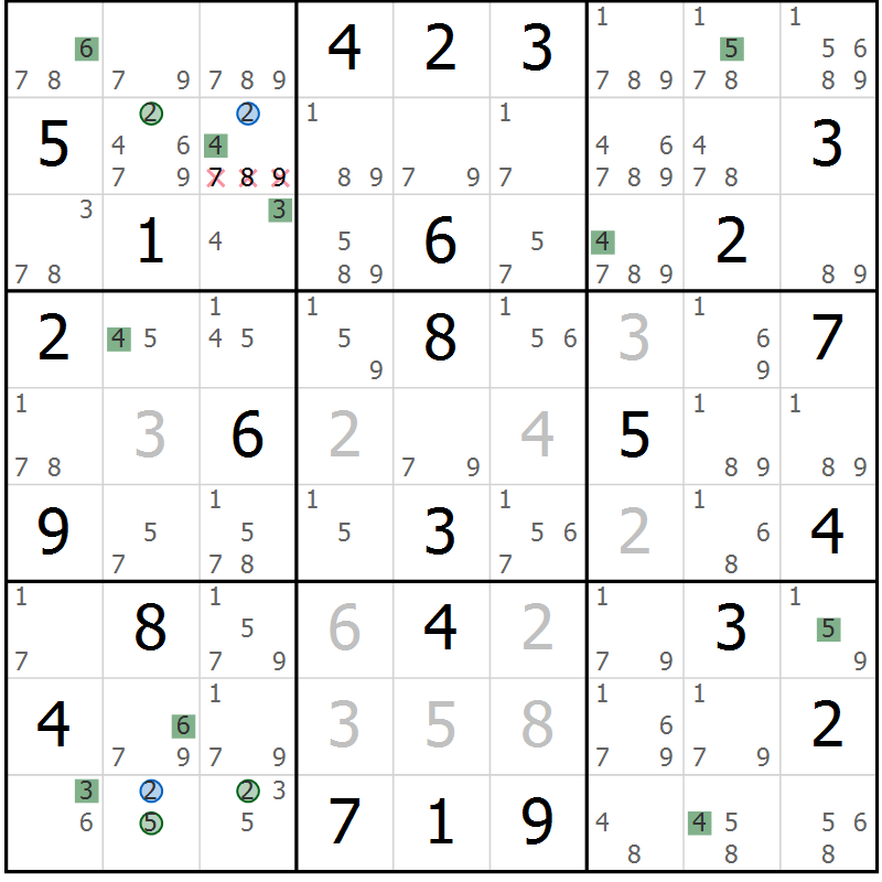 Position des candidats pour la solution de la Gr 46 page 49 du magazine de sudoku Suprême n° 033