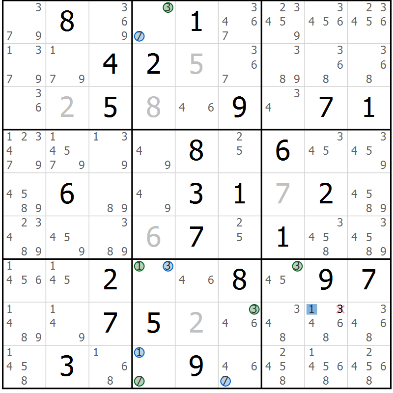 Position des candidats pour la solution de la Gr 47 page 50 du magazine de sudoku Suprême n° 033