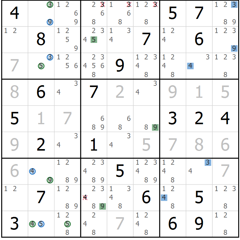 Position des candidats pour la solution de la Gr 5 page 8 du magazine de sudoku Suprême n° 033