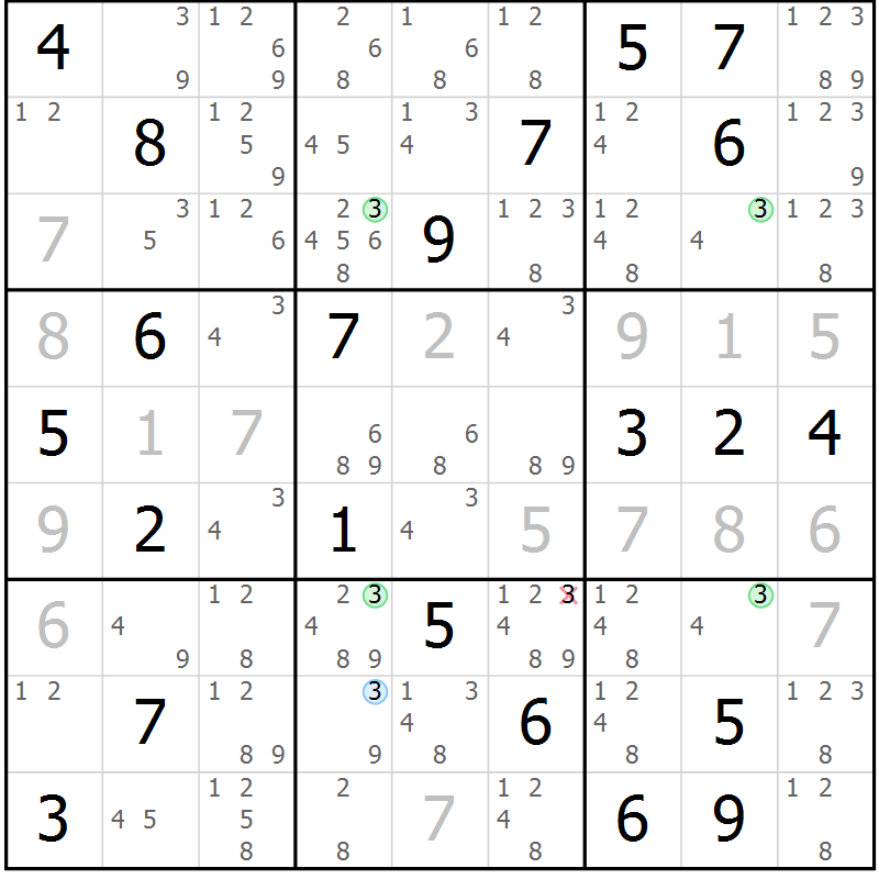 Position des candidats pour la solution de la Gr 5 page 8 du magazine de sudoku Suprême n° 033