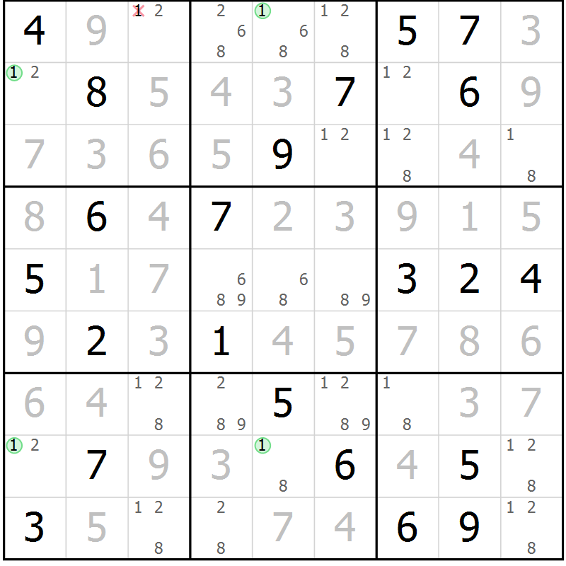 Position des candidats pour la solution de la Gr 5 page 8 du magazine de sudoku Suprême n° 033