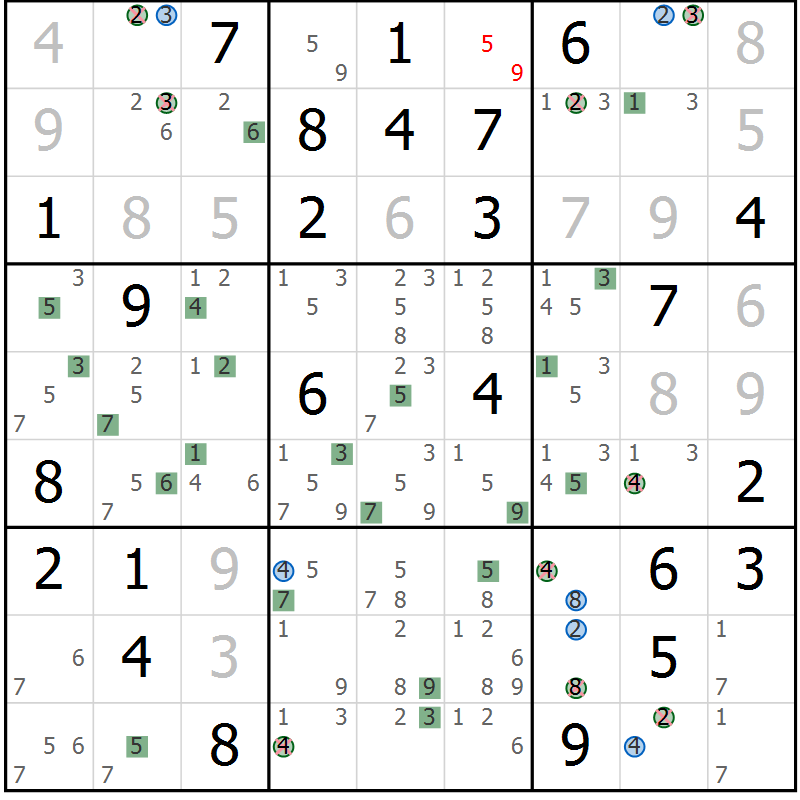 Position des candidats pour la solution de la Gr 52 page 55 du magazine de sudoku Suprême n° 033