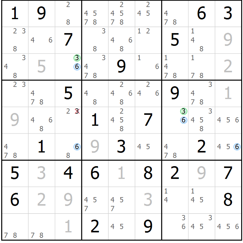 Position des candidats pour la solution de la Gr 53 page 56 du magazine de sudoku Suprême n° 033