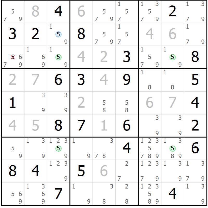 Position des candidats pour la solution de la Gr 54 page 57 du magazine de sudoku Suprême n° 033