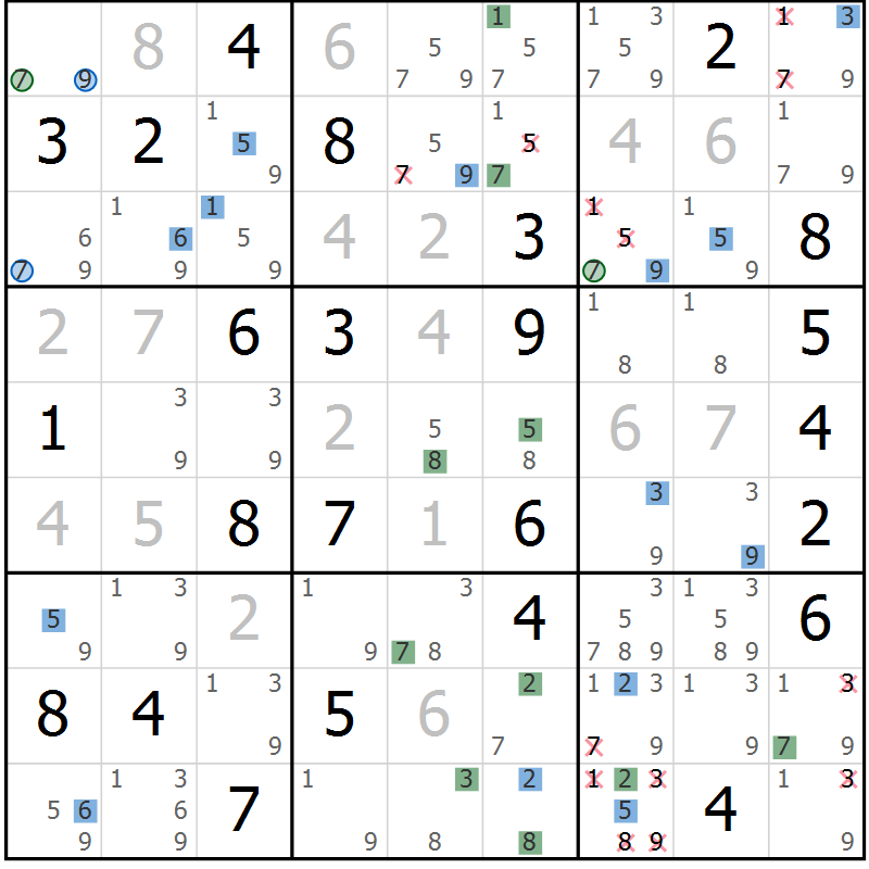Position des candidats pour la solution de la Gr 54 page 57 du magazine de sudoku Suprême n° 033