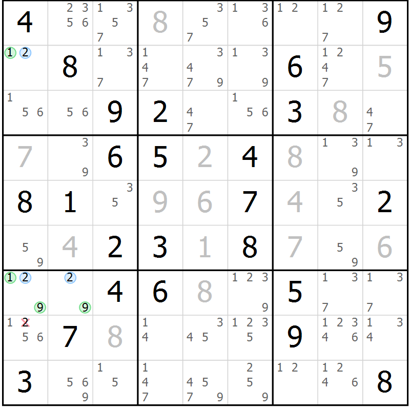 Position des candidats pour la solution de la Gr 55 page 58 du magazine de sudoku Suprême n° 033