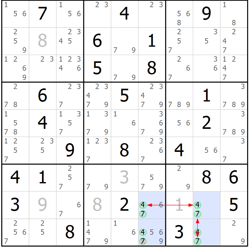 Position des candidats pour la solution de la Gr 56 page 59 du magazine de sudoku Suprême n° 033