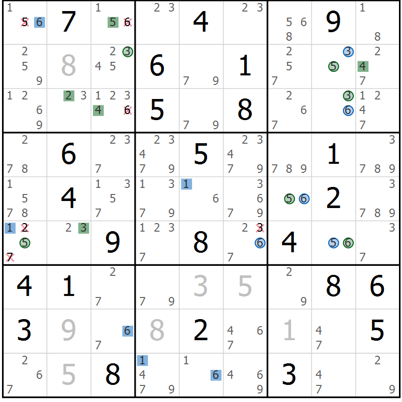 Position des candidats pour la solution de la Gr 56 page 59 du magazine de sudoku Suprême n° 033