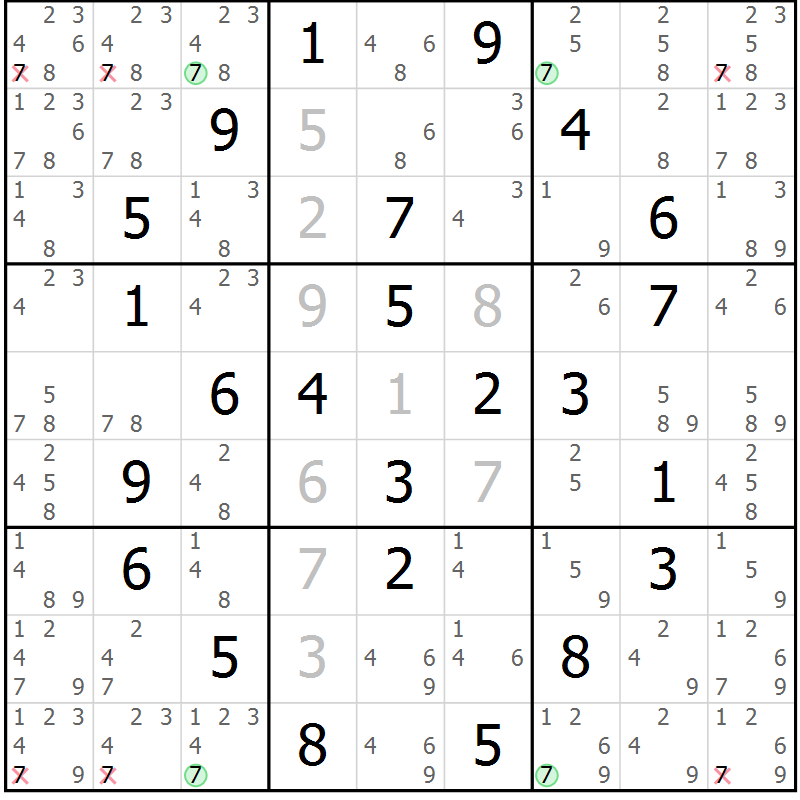 Position des candidats pour la solution de la Gr 57 page 60 du magazine de sudoku Suprême n° 033