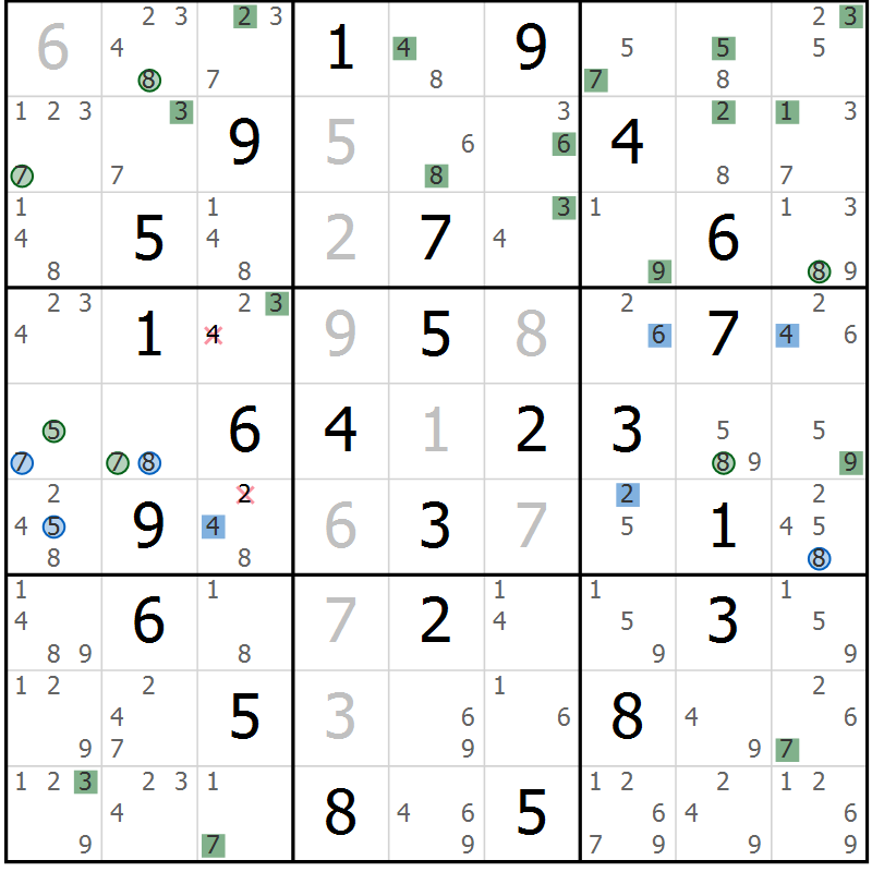 Position des candidats pour la solution de la Gr 57 page 60 du magazine de sudoku Suprême n° 033