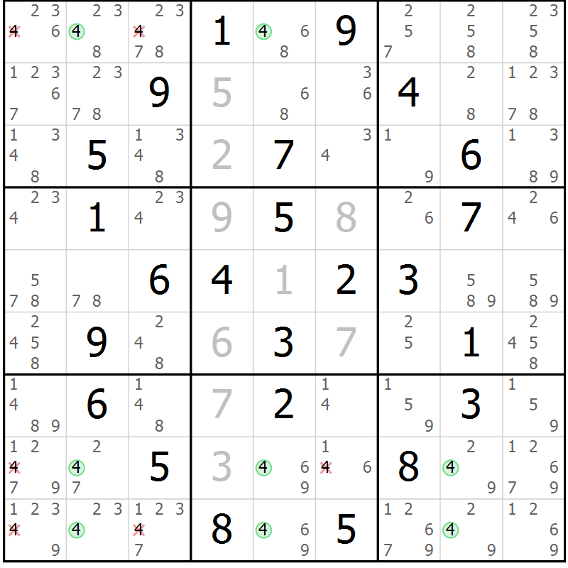 Position des candidats pour la solution de la Gr 57 page 60 du magazine de sudoku Suprême n° 033