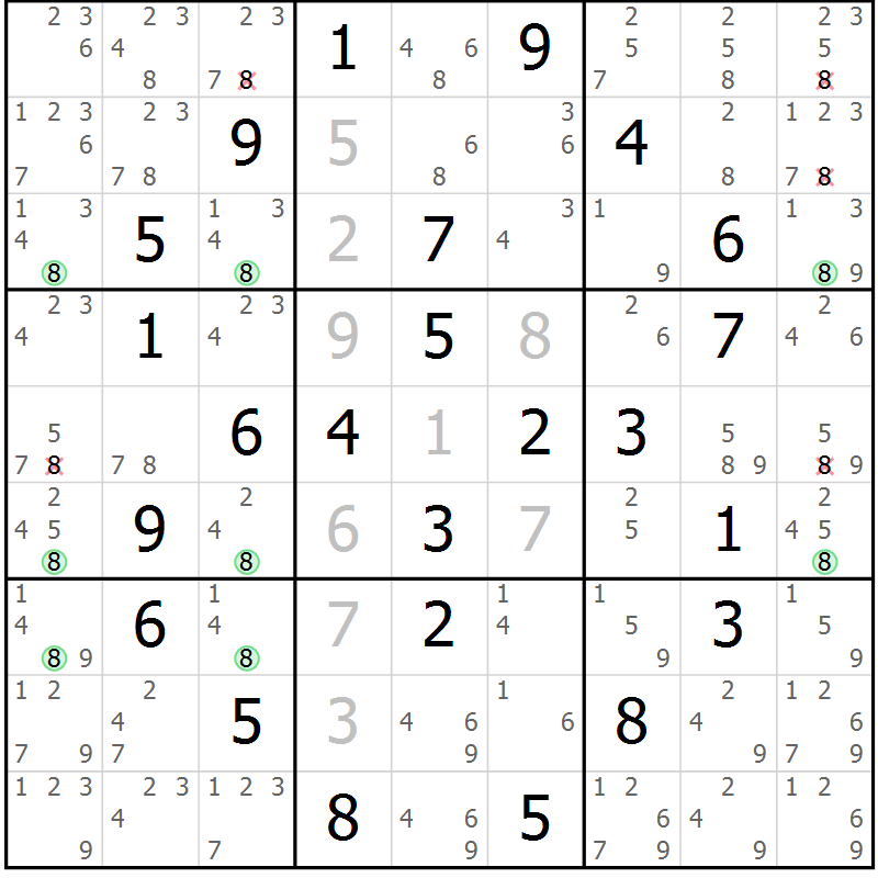 Position des candidats pour la solution de la Gr 57 page 60 du magazine de sudoku Suprême n° 033