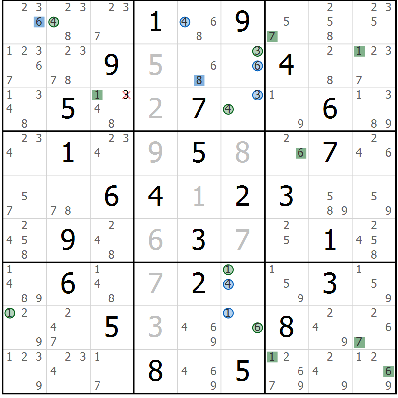 Position des candidats pour la solution de la Gr 57 page 60 du magazine de sudoku Suprême n° 033