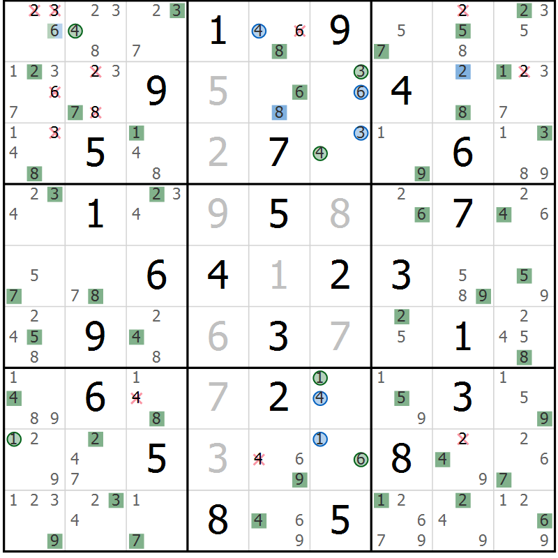 Position des candidats pour la solution de la Gr 57 page 60 du magazine de sudoku Suprême n° 033