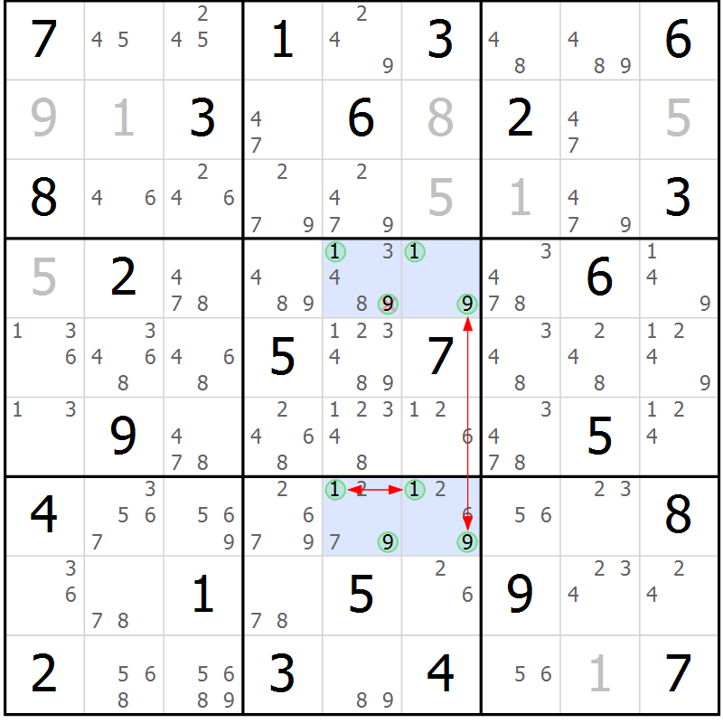 Position des candidats pour la solution de la Gr 58 page 61 du magazine de sudoku Suprême n° 033