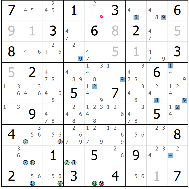 Position des candidats pour la solution de la Gr 58 page 61 du magazine de sudoku Suprême n° 033