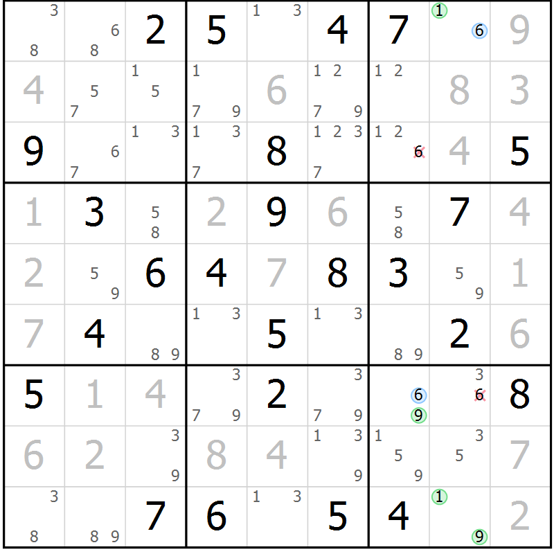 Position des candidats pour la solution de la Gr 59 page 62 du magazine de sudoku Suprême n° 033