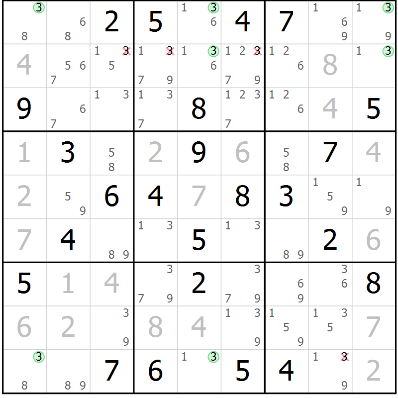 Position des candidats pour la solution de la Gr 59 page 62 du magazine de sudoku Suprême n° 033