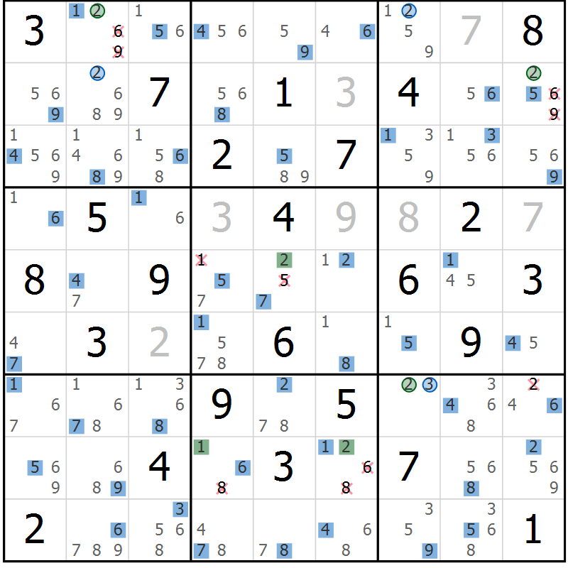 Position des candidats pour la solution de la Gr 60 page 63 du magazine de sudoku Suprême n° 033